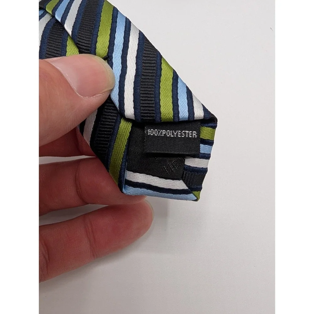 BERGAMO New York Handmade Mens Tie Blue Green Diagonal Stripe Polyester